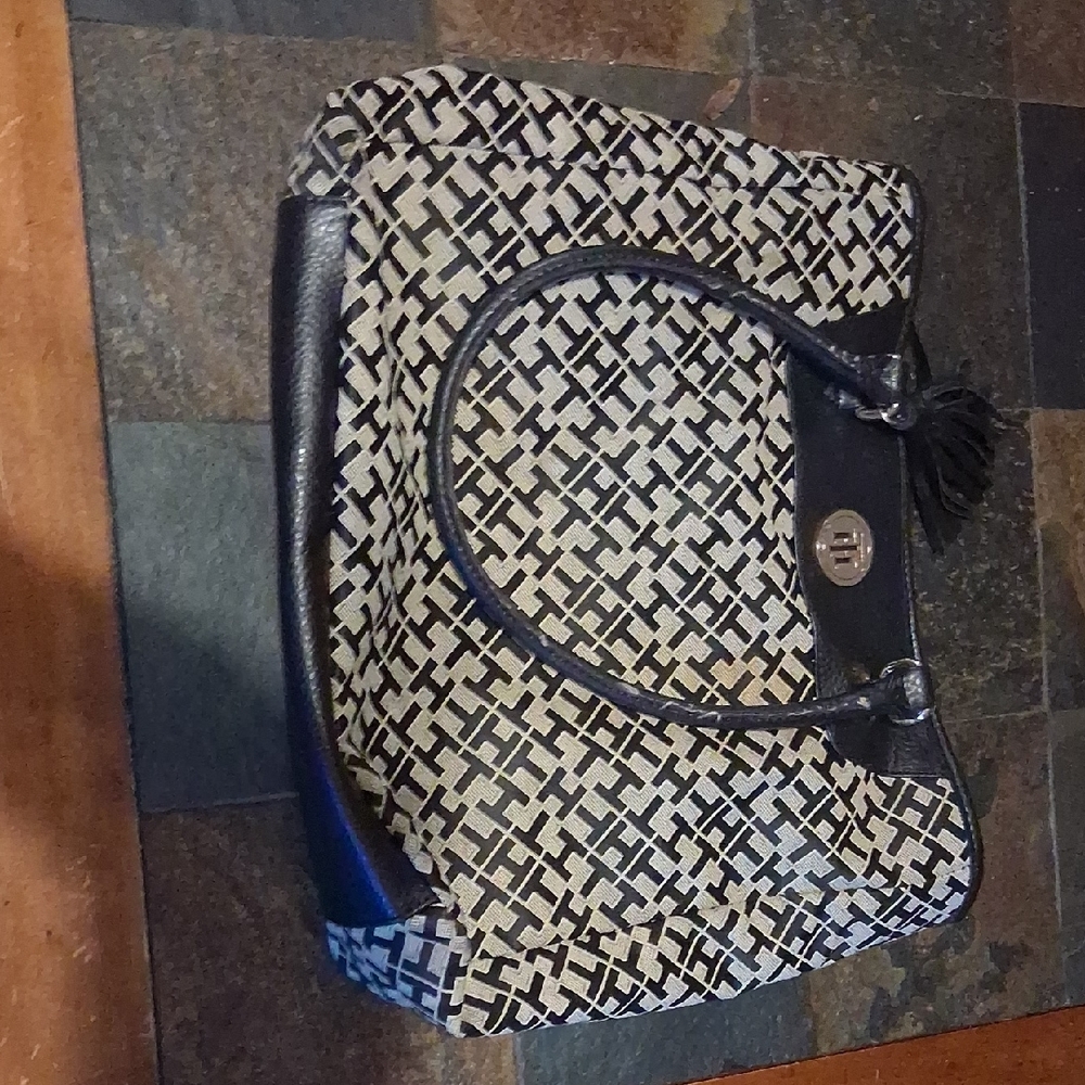Tommy Hilfiger Black and Cream Monogram Tote with Tassel